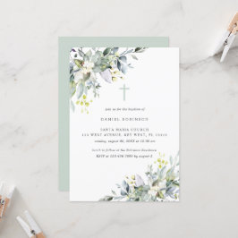 Dusty Florals Soft GreeneryBaptism Invitation Kaart