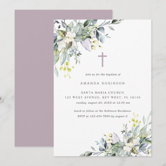 Dusty Florals Soft Lila Baptisme Invitation Kaart (Voorkant / Achterkant)