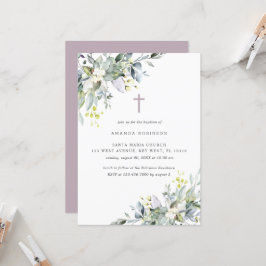 Dusty Florals Soft Lila Baptisme Invitation Kaart