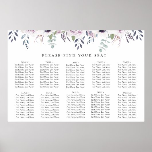 Dusty Garden Floral Wedding Seating Chart Poster (Voorkant)