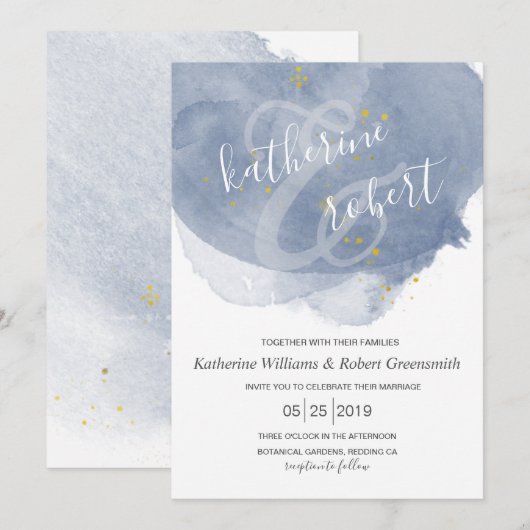 Dusty Gold en Blue Elegant Wedding Invitation Kaart (Voorkant / Achterkant)