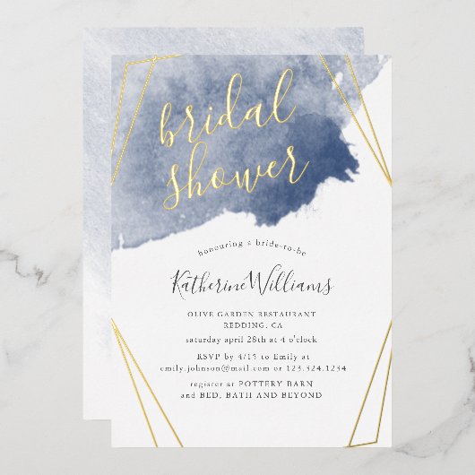 Dusty Gold en Blue Vrijgezellenfeest Folie Uitnodiging (Voorkant / Achterkant)