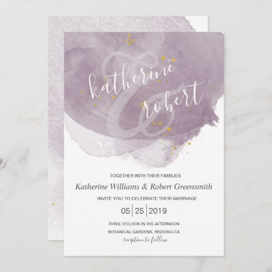Dusty Gold en Mauve Elegant Wedding Invitation Kaart (Voorkant / Achterkant)