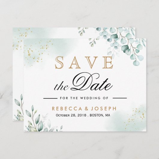 Dusty Gold Eucalyptus Greenery Wedding Briefkaart (Voorkant / Achterkant)