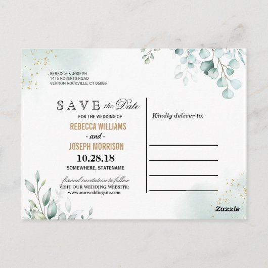 Dusty Gold Eucalyptus Greenery Wedding Briefkaart (Achterkant)