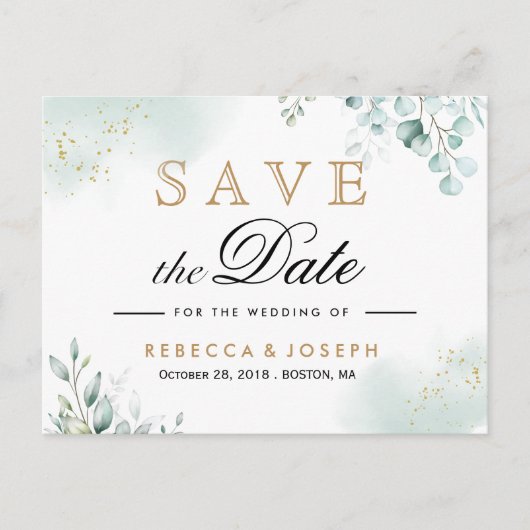 Dusty Gold Eucalyptus Greenery Wedding Briefkaart (Voorkant)