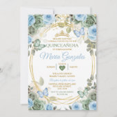 Dusty Green And Dusty Blue Floral Gold Quinceañera Kaart (Voorkant)