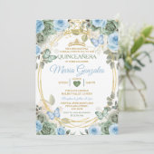 Dusty Green And Dusty Blue Floral Gold Quinceañera Kaart (Staand voorkant)