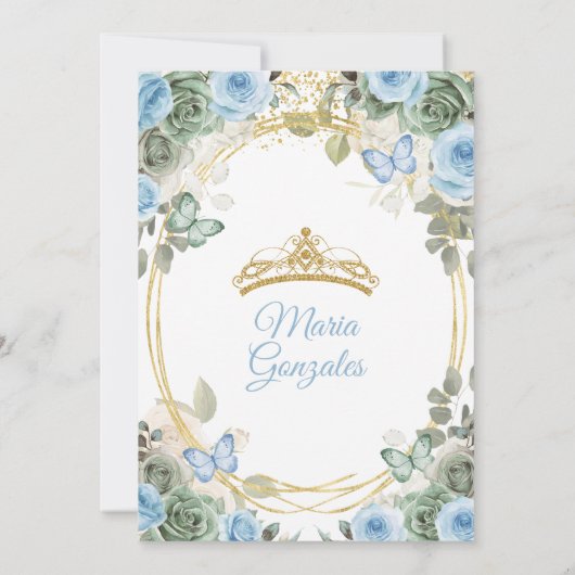Dusty Green And Dusty Blue Floral Gold Quinceañera Kaart (Achterkant)