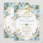 Dusty Green And Dusty Blue Floral Gold Quinceañera Kaart (Voorkant / Achterkant)
