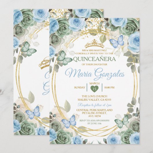 Dusty Green And Dusty Blue Floral Gold Quinceañera Kaart (Voorkant / Achterkant)