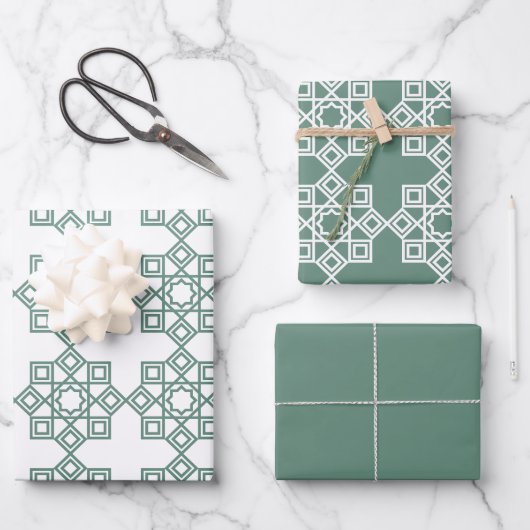 Dusty Green Arabesque Geometric Pattern Inpakpapier Vel (Voorkant)