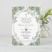 Dusty Green Bloemen Eerste Heilige Communie Kaart (Staand voorkant)