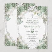 Dusty Green Bloemen Eerste Heilige Communie Kaart (Voorkant / Achterkant)