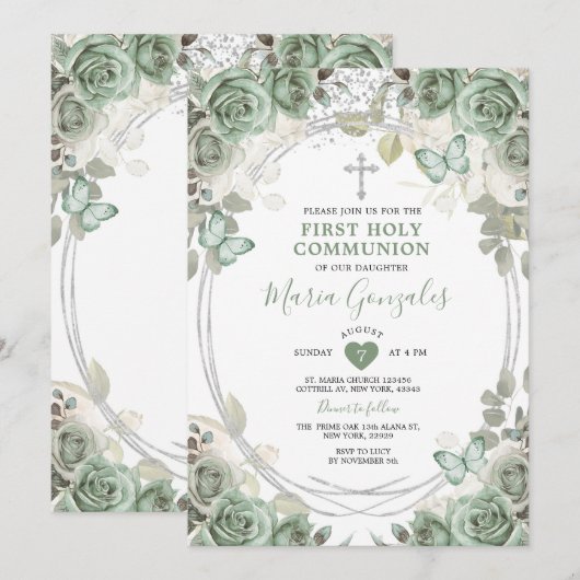 Dusty Green Bloemen Eerste Heilige Communie Kaart (Voorkant / Achterkant)