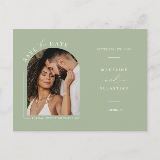 Dusty Green Boho Arch Photo QR Code Save the Date Briefkaart (Voorkant)