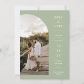 Dusty Green Boho Arch Photo QR Code Save the Date Kaart (Voorkant)