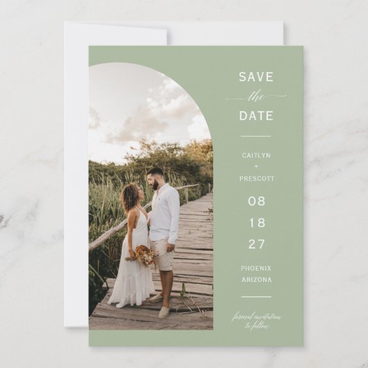 Dusty Green Boho Arch Photo QR Code Save the Date Kaart (Voorkant)