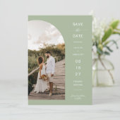 Dusty Green Boho Arch Photo QR Code Save the Date Kaart (Staand voorkant)