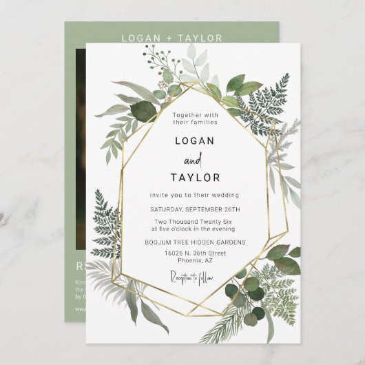 Dusty Green Botanical Greenery Gold Lijst QR Code Kaart (Voorkant / Achterkant)