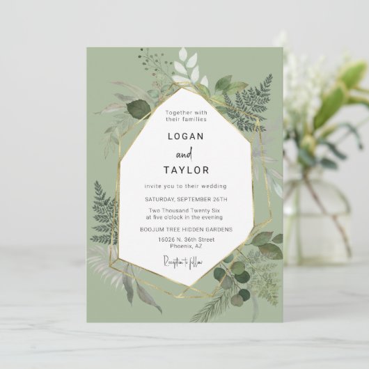 Dusty Green Botanical Greenery Gold QR Code Foto Kaart (Staand voorkant)