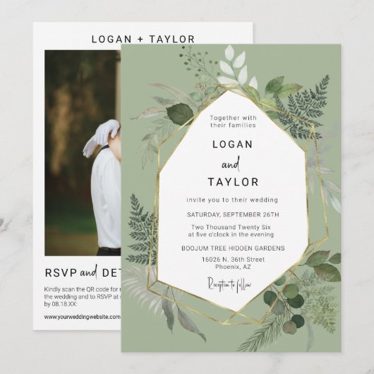 Dusty Green Botanical Greenery Gold QR Code Foto Kaart (Voorkant / Achterkant)