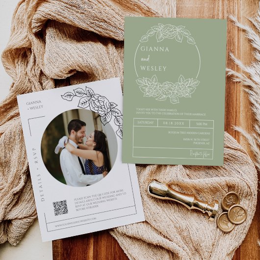 Dusty Green Botanical Line Art Boho QR Code Foto Kaart