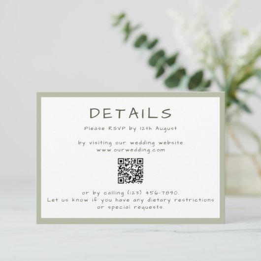 Dusty Green Casual Handschrift QR Details Informatiekaartje (Staand voorkant)
