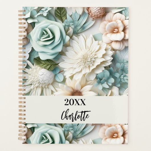 Dusty green cream florals naam script planner (Voorkant)