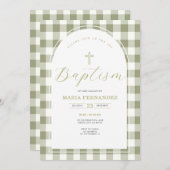 Dusty Green en Gingham Floral doopuitnodiging Kaart (Voorkant / Achterkant)