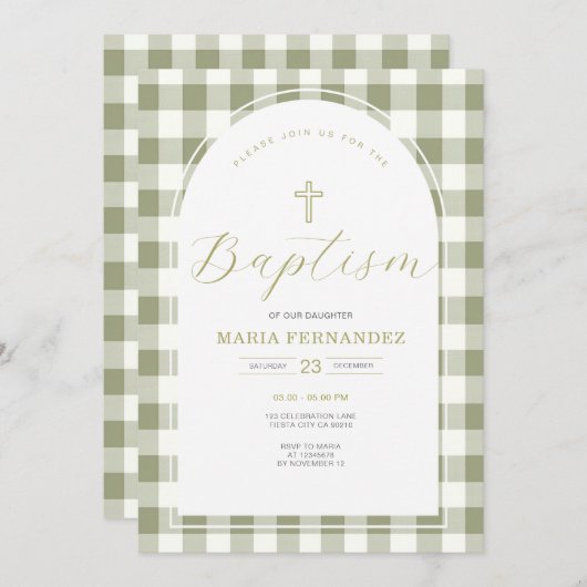 Dusty Green en Gingham Floral doopuitnodiging Kaart (Voorkant / Achterkant)