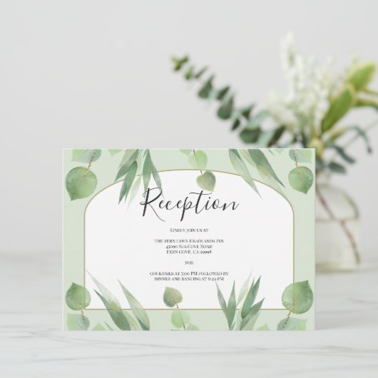 Dusty Green Eucalyptus Boho Arch Wedding Reception Informatiekaartje (Staand voorkant)