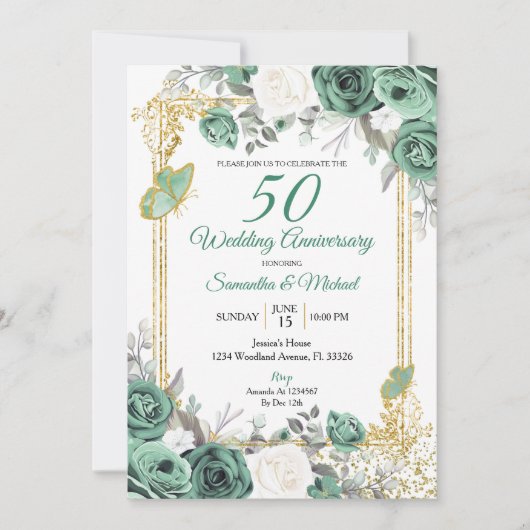 Dusty Green Floral Gold 50th Wedding Jubileum Kaart (Voorkant)