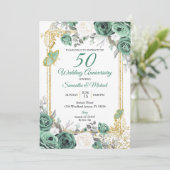 Dusty Green Floral Gold 50th Wedding Jubileum Kaart (Staand voorkant)