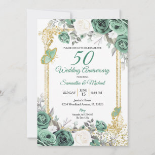 Dusty Green Floral Gold 50th Wedding Jubileum Kaart