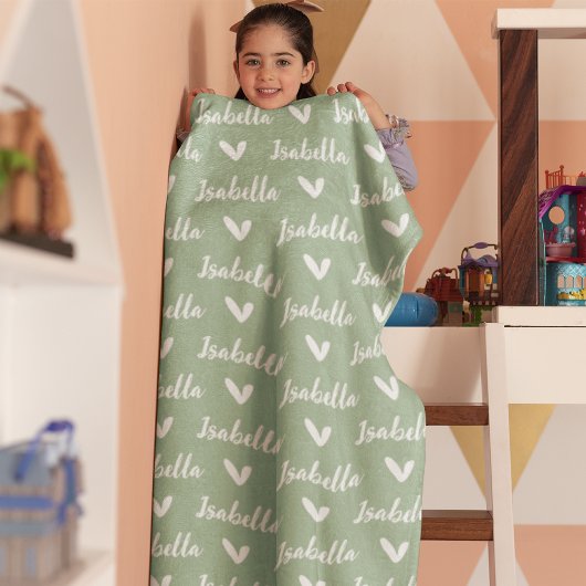 Dusty Green Gepersonaliseerde Naam Deken met Harte