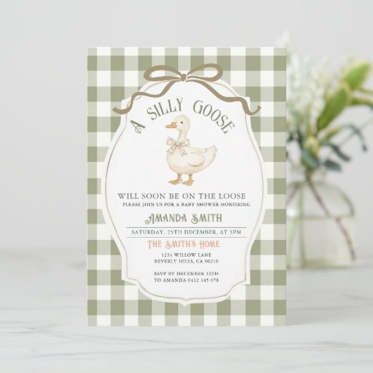 Dusty Green Gingham Goose Baby shower Kaart (Staand voorkant)