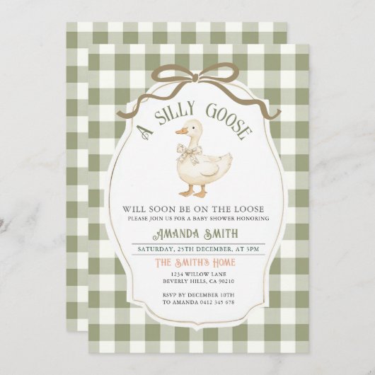 Dusty Green Gingham Goose Baby shower Kaart (Voorkant / Achterkant)