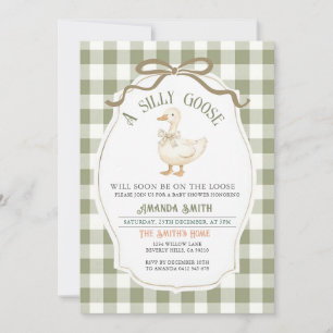 Dusty Green Gingham Goose Baby shower Kaart