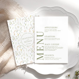 Dusty Green Meadow Flowers Bruiloft Menu Kaarten