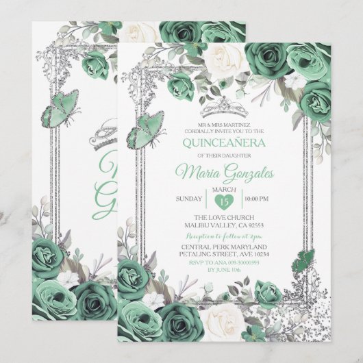 Dusty Green Mexican Charra Mis Quince Butterfly Kaart (Voorkant / Achterkant)