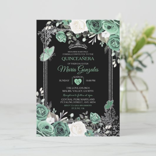 Dusty Green Mexican Charra Mis Quince Butterfly Kaart (Staand voorkant)