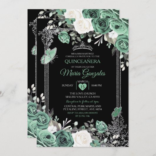 Dusty Green Mexican Charra Mis Quince Butterfly Kaart (Voorkant / Achterkant)