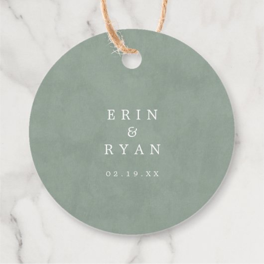 Dusty Green Minimal Calligraphy Weddenschap Hartel Bedankjes Labels (Achterkant)