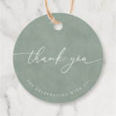 Dusty Green Minimal Calligraphy Weddenschap Hartel Bedankjes Labels (Voorkant)