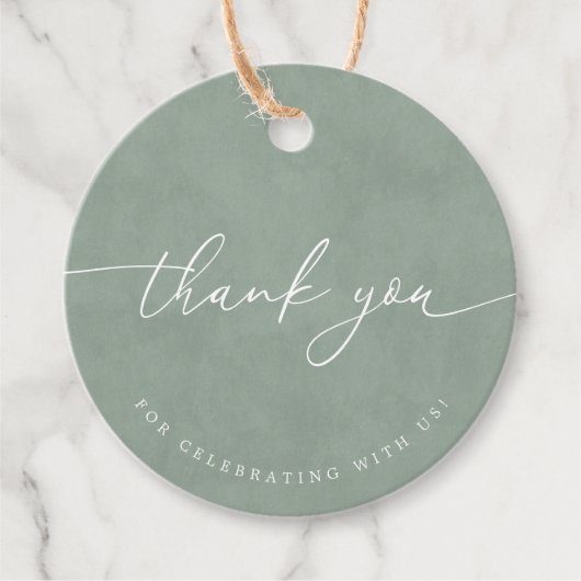 Dusty Green Minimal Calligraphy Weddenschap Hartel Bedankjes Labels (Voorkant)