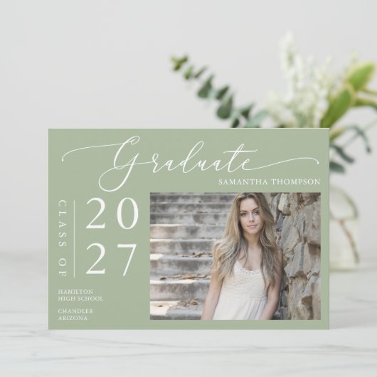 Dusty Green Minimal Script School Afstuderen Foto Kaart (Staand voorkant)