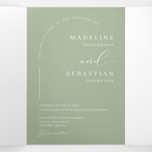 Dusty Green Modern Boho Arch Foto QR Code Weddensc Drieluik Uitnodiging (Binnenkant midden)