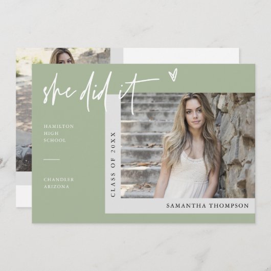 Dusty Green Modern Boho Ze deed het Afstudeerder F Kaart (Voorkant / Achterkant)