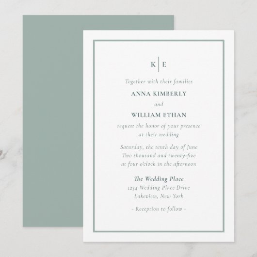 Dusty Green Monogram Families Wedding Invitations Kaart (Voorkant / Achterkant)